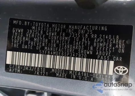 2025 Toyota Corolla Le из США, поврежденный, VIN 5YFB4MDE6SP347920